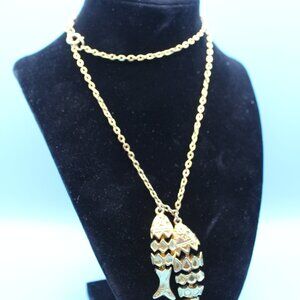 Vintage Gold Tone Double Fish Pendent Necklace-Retro Nautical Jewelry